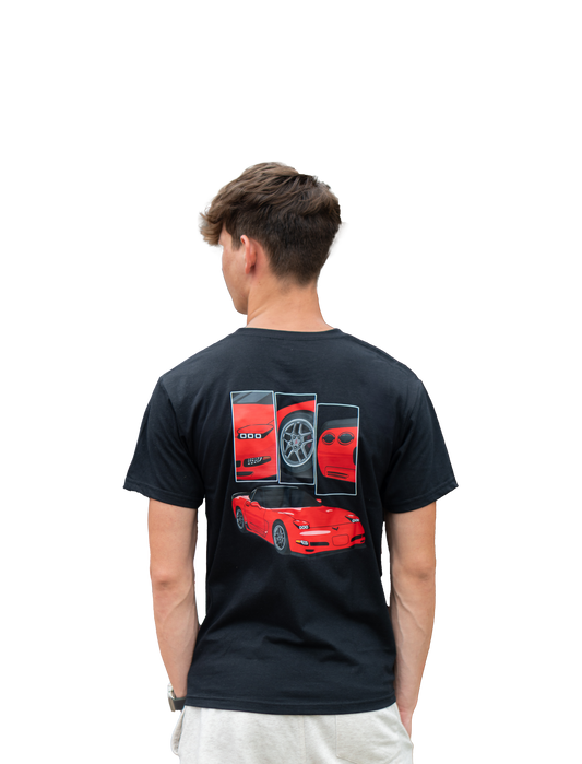 Person wearing a black t-shirt with a red car design on the back, standing against a white background